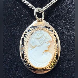 Vintage Silver Toned Enamel Carved Shell Cameo Pendant 3/4”